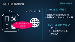 IoTの通信の課題
インターネットモノ
《 IoTの通信の障壁 》
・有線LANは場所の制約
・無線LANはセキュリティ難
インターネット
接続？
→モバイル通信が良い
しかし、
ヒト向けのプラン
しかない
 