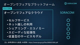 オープンでフェアなクラウド
•セルフサービス
• ネット越しの利用
• シェアリング・エコノミー
•スピーディな拡張性
• 従量型のサービスモデル
オープンでフェアなプラットフォーム
前出の定義
注1) 参考資料から改変: IPA資料 - https://www.ipa.go.jp/files/000025366.pdf
SORACOM
 