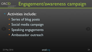 Engagement/awareness campaign
•  Activities include:
•  Series of blog posts
•  Social media campaign
•  Speaking engageme...