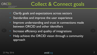 Collect & Connect goals
•  Clarify goals and expectations across sectors
•  Standardize and improve the user experience
• ...