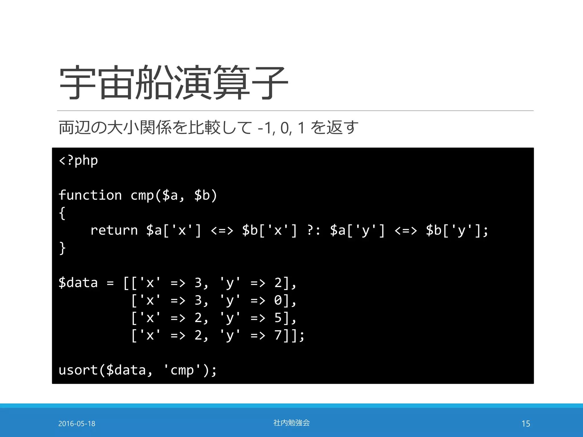 宇宙船演算子
両辺の大小関係を比較して -1, 0, 1 を返す
2016-05-18 社内勉強会 15
<?php
function cmp($a, $b)
{
return $a['x'] <=> $b['x'] ?: $a['y'] <=> $b['y'];
}
$data = [['x' => 3, 'y' => 2],
['x' => 3, 'y' => 0],
['x' => 2, 'y' => 5],
['x' => 2, 'y' => 7]];
usort($data, 'cmp');
 