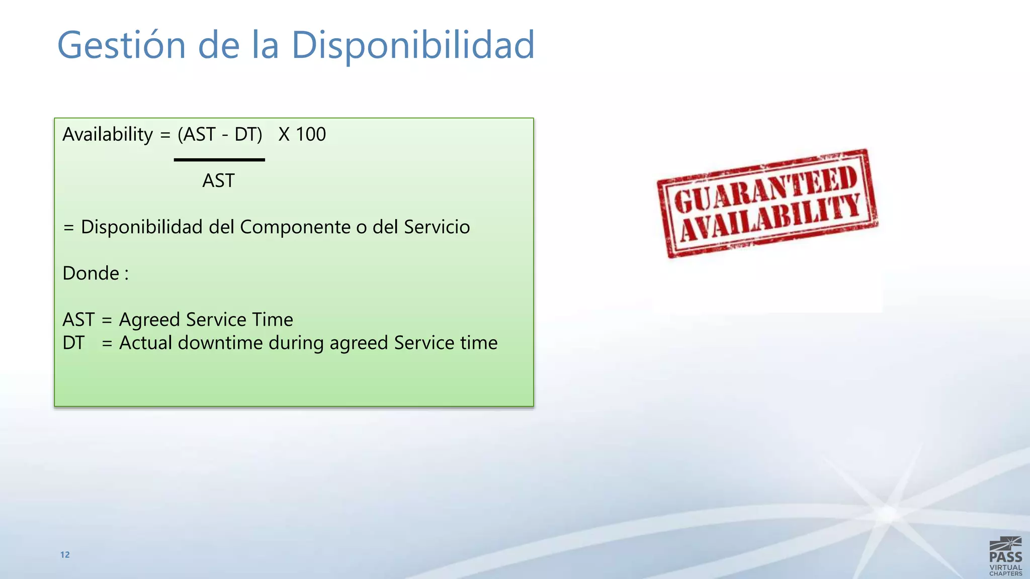 Gestión de la Disponibilidad
12
Availability = (AST - DT) X 100
AST
= Disponibilidad del Componente o del Servicio
Donde :
AST = Agreed Service Time
DT = Actual downtime during agreed Service time
 
