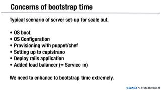 Concerns of bootstrap time
Typical scenario of server set-up for scale out.
• OS boot
• OS Configuration
• Provisioning with puppet/chef
• Setting up to capistrano
• Deploy rails application
• Added load balancer (= Service in)
We need to enhance to bootstrap time extremely.
 