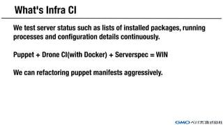 What's Infra CI
We test server status such as lists of installed packages, running
processes and configuration details continuously.
Puppet + Drone CI(with Docker) + Serverspec = WIN
We can refactoring puppet manifests aggressively.
 