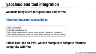 yaocloud and tool integration
We made Ruby client for OpenStack named Yao.
https://github.com/yaocloud/yao
It likes aws-sdk on AWS. We can manipulate compute resource
using ruby with Yao.
$ Yao::Tenant.list
$ Yao::SecurityGroup.list
$ Yao::User.create(name: name, email: email, password: password)
$ Yao::Role.grant(role_name, to: user_hash["name"], on: tenant_name)
 