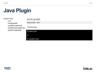 project-root/
- src/
- build.gradle
- gradlew (optional)
- gradlew.bat (optional)
- gradle/ (optional)
2.1 도형 5 / 14
Java Plugin
build.gradle
apply plugin: ‘java’
Terminal
$ gradle build
or
$ ./gradlew build
 