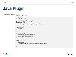 Customizing Project
2.1 도형 9 / 14
Java Plugin
build.gradle
apply plugin: 'java’
group = 'org.gradle.example’
version = '1.0.0’
sourceCompatibility = targetCompatibility = 1.7
repositories {
jcenter()
}
dependencies {
compile 'org.slf4j:slf4j-api:1.7.21’
testCompile 'junit:junit:4.12’
}
jar {
manifest {
attributes 'Main-Class': "${project.group}.App”
}
}
 