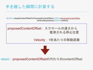 手を離した瞬間に計算する
- (CGPoint)targetContentOffsetForProposedContentOffset:(CGPoint)proposedContentOffset
withScrollingVelocity:(CGPoint)velocity
proposedContentOffset：スクロールの速さから
推測される停止位置
Velocity：1秒あたりの移動距離
return：proposedContentOffsetの代わりのcontentOffset
 