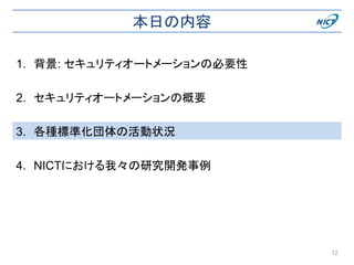 本日の内容
1. 背景: セキュリティオートメーションの必要性
2. セキュリティオートメーションの概要
3. 各種標準化団体の活動状況
4. NICTにおける我々の研究開発事例
12
 