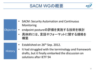 SACM WGの概要
• SACM: Security Automation and Continuous
Monitoring
• endpoint postureの評価を実施する技術を検討
• 具体的には、言語やフォーマットに関する規格を
構築
Objective
26
History
• Established on 26th Sep. 2012.
• It had struggled with the terminology and framework
drafts, but it finally embarked the discussion on
solutions after IETF 94
 