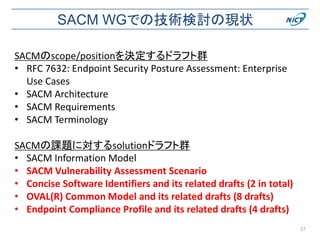 SACM WGでの技術検討の現状
SACMのscope/positionを決定するドラフト群
• RFC 7632: Endpoint Security Posture Assessment: Enterprise
Use Cases
• SACM Architecture
• SACM Requirements
• SACM Terminology
SACMの課題に対するsolutionドラフト群
• SACM Information Model
• SACM Vulnerability Assessment Scenario
• Concise Software Identifiers and its related drafts (2 in total)
• OVAL(R) Common Model and its related drafts (8 drafts)
• Endpoint Compliance Profile and its related drafts (4 drafts)
27
 