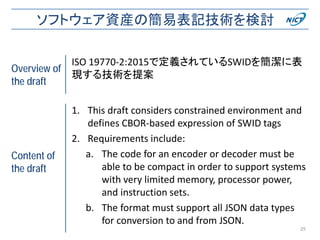 ソフトウェア資産の簡易表記技術を検討
29
Overview of
the draft
ISO 19770-2:2015で定義されているSWIDを簡潔に表
現する技術を提案
Content of
the draft
1. This draft considers constrained environment and
defines CBOR-based expression of SWID tags
2. Requirements include:
a. The code for an encoder or decoder must be
able to be compact in order to support systems
with very limited memory, processor power,
and instruction sets.
b. The format must support all JSON data types
for conversion to and from JSON.
 