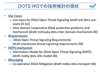 DOTS WGでの技術検討の現状
• Use Cases
– Use cases for DDoS Open Threat Signaling (draft-ietf-dots-use-
cases-01.txt)
– Inter-domain cooperative DDoS protection problems and
mechanism (draft-nishizuka-dots-inter-domain-mechanism-00)
• Requirements
– DDoS Open Threat Signaling Requirements
(draft-mortensen-threat-signaling-requirements-00)
• DOTS mechanism
– Information Model for DDoS Open Threat Signaling (DOTS)
(draft-reddy-dots-info-model-00)
• Messaging
– Co-operative DDoS Mitigation (draft-reddy-dots-transport-00)
32
 