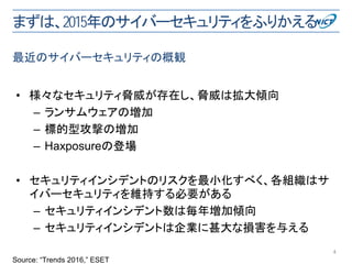 まずは、2015年のサイバーセキュリティをふりかえる
• 様々なセキュリティ脅威が存在し、脅威は拡大傾向
– ランサムウェアの増加
– 標的型攻撃の増加
– Haxposureの登場
• セキュリティインシデントのリスクを最小化すべく、各組織はサ
イバーセキュリティを維持する必要がある
– セキュリティインシデント数は毎年増加傾向
– セキュリティインシデントは企業に甚大な損害を与える
4
最近のサイバーセキュリティの概観
Source: “Trends 2016,” ESET
 