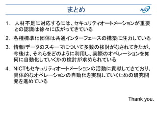 まとめ
1. 人材不足に対応するには、セキュリティオートメーションが重要
との認識は徐々に広がってきている
2. 各種標準化団体は共通インターフェースの構築に注力している
3. 情報/データのスキーマについて多数の検討がなされてきたが、
今後は、それらをどのように利用し、実際のオペレーションを如
何に自動化していくかの検討が求められている
4. NICTもセキュリティオートメーションの活動に貢献してきており、
具体的なオペレーションの自動化を実現していくための研究開
発を進めている
Thank you.
 