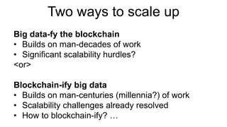 Two ways to scale up
Big data-fy the blockchain
• Builds on man-decades of work
• Significant scalability hurdles?
<or>
Blockchain-ify big data
• Builds on man-centuries (millennia?) of work
• Scalability challenges already resolved
• How to blockchain-ify? …
 
