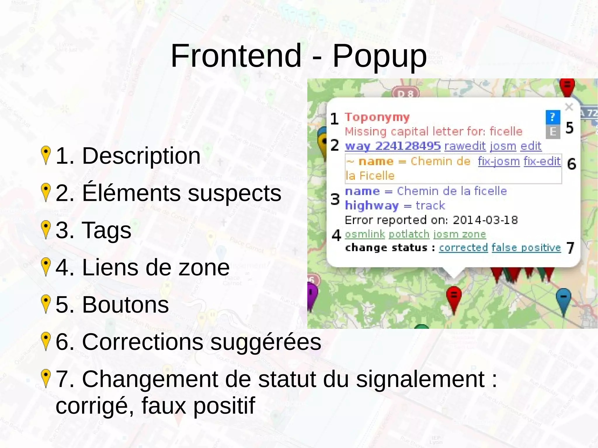 Frontend - Popup
1. Description
2. Éléments suspects
3. Tags
4. Liens de zone
5. Boutons
6. Corrections suggérées
7. Changement de statut du signalement :
corrigé, faux positif
 