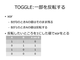 TOGGLE:一部を反転する
● xor
– Bが0のときAの値はそのまま残る
– Bが1のときAの値は反転する
● 反転したいところを1にした値でxorをとる
A B A xor B
1 1 0
0 1 1
1 0 1
0 0 0
 