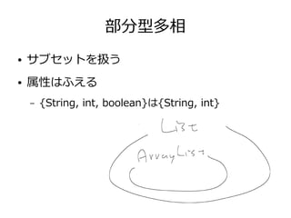 部分型多相
● サブセットを扱う
● 属性はふえる
– {String, int, boolean}は{String, int}
 