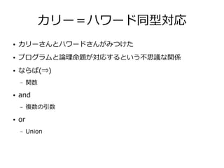 カリー＝ハワード同型対応
● カリーさんとハワードさんがみつけた
● プログラムと論理命題が対応するという不思議な関係
● ならば(⇒)
– 関数
● and
– 複数の引数
● or
– Union
 
