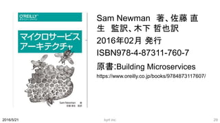 Sam Newman 著、佐藤 直
生 監訳、木下 哲也訳
2016年02月 発行
ISBN978-4-87311-760-7
原書:Building Microservices
https://www.oreilly.co.jp/books/9784873117607/
kyrt inc 292016/5/21
 