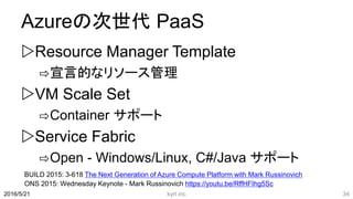 Azureの次世代 PaaS
Resource Manager Template
⇨宣言的なリソース管理
VM Scale Set
⇨Container サポート
Service Fabric
⇨Open - Windows/Linux, C#/Java サポート
kyrt inc 342016/5/21
ONS 2015: Wednesday Keynote - Mark Russinovich https://youtu.be/RffHFIhg5Sc
BUILD 2015: 3-618 The Next Generation of Azure Compute Platform with Mark Russinovich
 