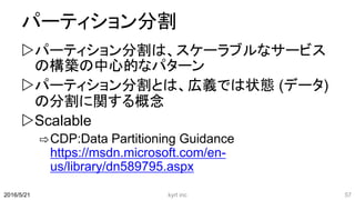 パーティション分割
パーティション分割は、スケーラブルなサービス
の構築の中心的なパターン
パーティション分割とは、広義では状態 (データ)
の分割に関する概念
Scalable
⇨CDP:Data Partitioning Guidance
https://msdn.microsoft.com/en-
us/library/dn589795.aspx
kyrt inc 572016/5/21
 