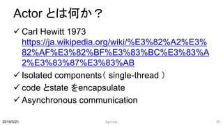 Actor とは何か？
 Carl Hewitt 1973
https://ja.wikipedia.org/wiki/%E3%82%A2%E3%
82%AF%E3%82%BF%E3%83%BC%E3%83%A
2%E3%83%87%E3%83%AB
 Isolated components（ single-thread ）
 code とstate をencapsulate
 Asynchronous communication
kyrt inc 612016/5/21
 