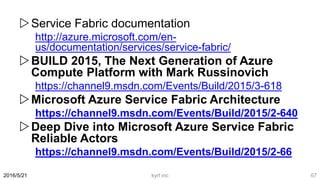 Service Fabric documentation
http://azure.microsoft.com/en-
us/documentation/services/service-fabric/
BUILD 2015, The Next Generation of Azure
Compute Platform with Mark Russinovich
https://channel9.msdn.com/Events/Build/2015/3-618
Microsoft Azure Service Fabric Architecture
https://channel9.msdn.com/Events/Build/2015/2-640
Deep Dive into Microsoft Azure Service Fabric
Reliable Actors
https://channel9.msdn.com/Events/Build/2015/2-66
2016/5/21 kyrt inc 67
 