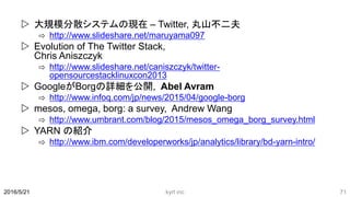  大規模分散システムの現在 – Twitter, 丸山不二夫
⇨ http://www.slideshare.net/maruyama097
 Evolution of The Twitter Stack,
Chris Aniszczyk
...