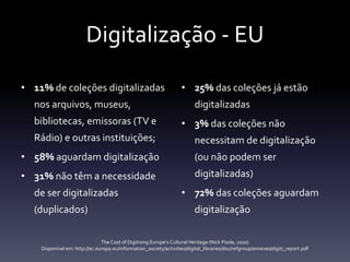 Digitalização - EU
• 11% de coleções digitalizadas
nos arquivos, museus,
bibliotecas, emissoras (TV e
Rádio) e outras inst...