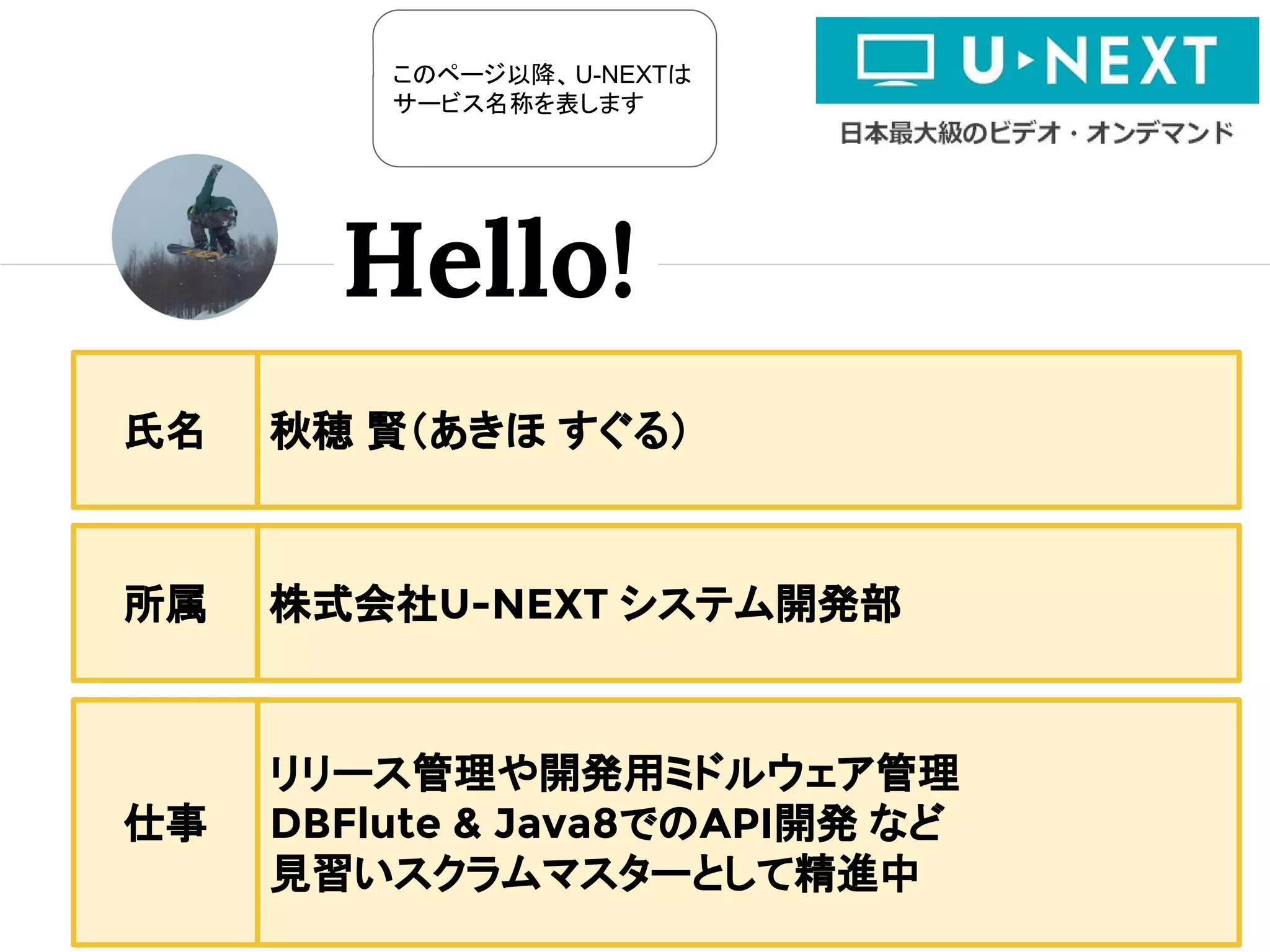 Hello!
氏名 秋穂 賢（あきほ すぐる）
所属 株式会社U-NEXT システム開発部
リリース管理や開発用ミドルウェア管理
DBFlute & Java8でのAPI開発 など
見習いスクラムマスターとして精進中
仕事
このページ以降、U-NEXTは
サービス名称を表します
 