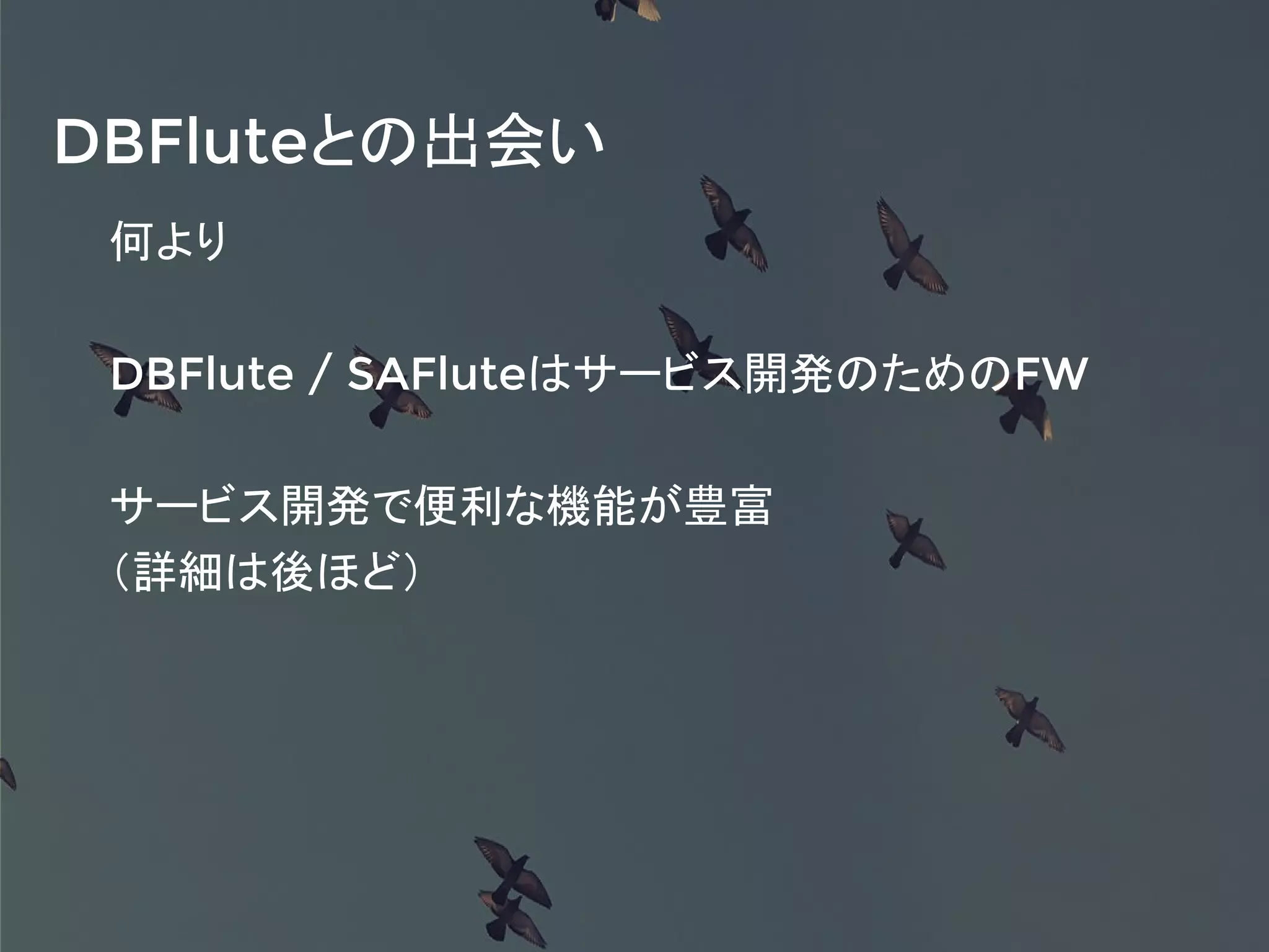 何より
DBFlute / SAFluteはサービス開発のためのFW
サービス開発で便利な機能が豊富
（詳細は後ほど）
DBFluteとの出会い
 