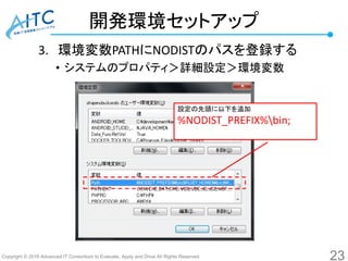 Copyright © 2016 Advanced IT Consortium to Evaluate, Apply and Drive All Rights Reserved.
開発環境セットアップ
3. 環境変数PATHにNODISTのパスを登録する
• システムのプロパティ＞詳細設定＞環境変数
23
設定の先頭に以下を追加
%NODIST_PREFIX%bin;
 