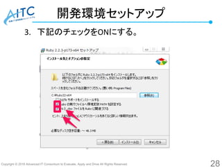 Copyright © 2016 Advanced IT Consortium to Evaluate, Apply and Drive All Rights Reserved.
開発環境セットアップ
3. 下記のチェックをONにする。
28
 