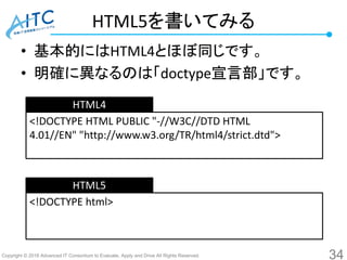 Copyright © 2016 Advanced IT Consortium to Evaluate, Apply and Drive All Rights Reserved.
HTML5を書いてみる
• 基本的にはHTML4とほぼ同じです。
• 明確に異なるのは「doctype宣言部」です。
34
<!DOCTYPE HTML PUBLIC "-//W3C//DTD HTML
4.01//EN" "http://www.w3.org/TR/html4/strict.dtd">
<!DOCTYPE html>
HTML4
HTML5
 