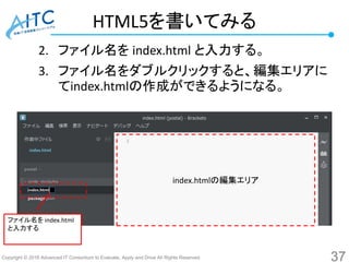 Copyright © 2016 Advanced IT Consortium to Evaluate, Apply and Drive All Rights Reserved.
HTML5を書いてみる
2. ファイル名を index.html と入力する。
3. ファイル名をダブルクリックすると、編集エリアに
てindex.htmlの作成ができるようになる。
37
ファイル名を index.html
と入力する
index.htmlの編集エリア
 