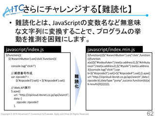 Copyright © 2016 Advanced IT Consortium to Evaluate, Apply and Drive All Rights Reserved.
さらにチャレンジする【難読化】
• 難読化とは、JavaScriptの変数名など無意味
な文字列に変換することで、プログラムの挙
動を推測を困難にします。
62
$(function(){
$('#searchButton').on('click',function(){
console.log("click!")
// 郵便番号作成
var zipcode7 =
$('#zipcode3').val() + $('#zipcode4').val()
// Web API実行
$.ajax({
url: "http://zipcloud.ibsnet.co.jp/api/search",
data: {
zipcode: zipcode7
},
$(function(){$("#searchButton").on("click",function
(){function
a(a){$("#todoufuken").text(a.address1),$("#shikuty
oson").text(a.address2),$("#tyoiki").text(a.address
3)}console.log("click!");var
b=$("#zipcode3").val()+$("#zipcode4").val();$.ajax({
url:"http://zipcloud.ibsnet.co.jp/api/search",data:{
zipcode:b},dataType:"jsonp",success:function(b){a(
b.results[0])}})})});
javascript/index.js javascript/index.min.js
難
読
化
 