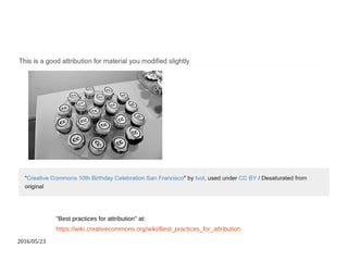 2016/05/23
"Best practices for attribution" at:
https://wiki.creativecommons.org/wiki/Best_practices_for_attribution
 