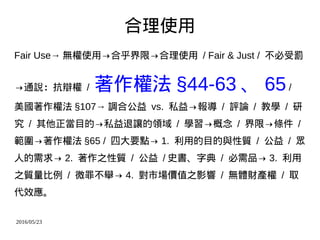 2016/05/23
ʹ
Fair Use oʹáϺޡʹ / Fair & Just / P
ͨfq / ෨ 44-63  65/
෨ 107 {Ϲ vs. ˽ / uՓ / ̌W / 
 / Ŀġ˽׌I / W / ޡl /
෨ 65 / ĴҪc 1. õĿc| /  / 
˵ 2. ֮| /  / ʷֵ / Ʒ 3. 
֮| / ΢ﲻe 4. Јrֵ֮Ӱ / owؔa / ȡ
Ч
 