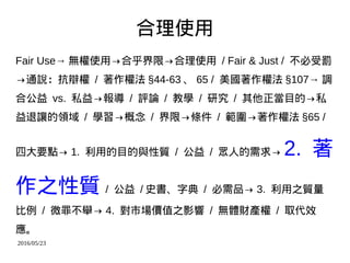 2016/05/23
ʹ
Fair Use oʹáϺޡʹ / Fair & Just / P
ͨfq / ෨ 44-63  65 / ෨ 107 {
Ϲ vs. ˽ / uՓ / ̌W / о / Ŀġ˽
׌I / W / ޡl / ෨ 65 /
ĴҪc 1. õĿc| /  / ˵ 2. 
֮| /  / ʷֵ / Ʒ 3. ֮|
 / ΢ﲻe 4. Јrֵ֮Ӱ / owؔa / ȡЧ

 