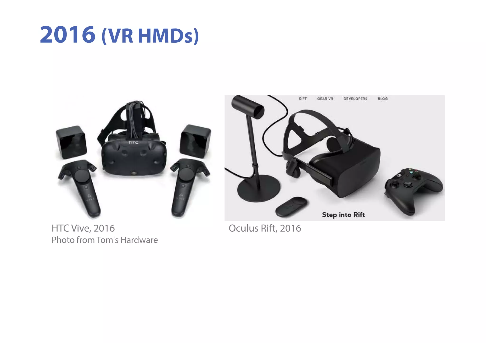 2016 (VR HMDs)
Oculus Rift, 2016HTC Vive, 2016
Photo from Tom's Hardware
 