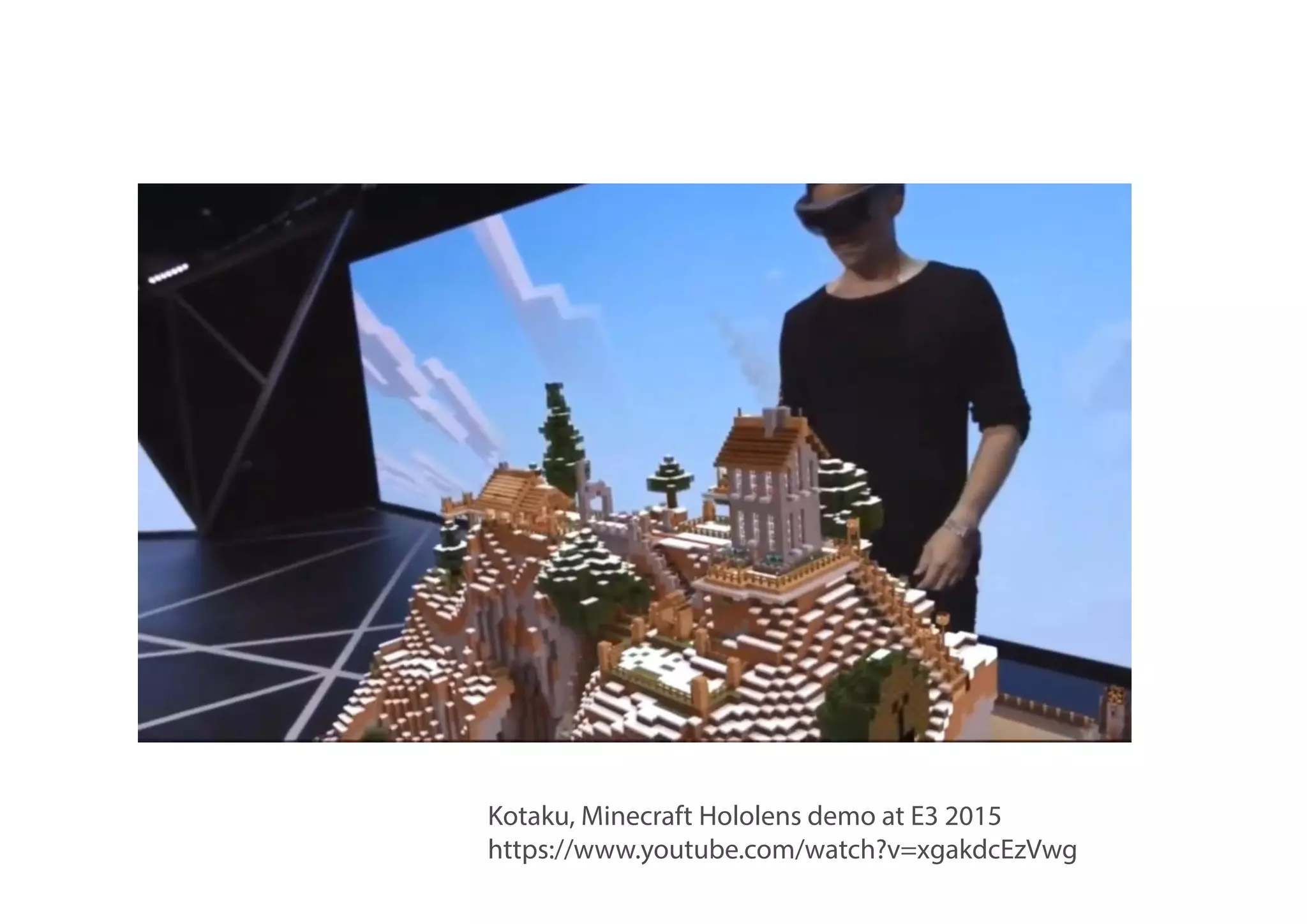 Kotaku, Minecraft Hololens demo at E3 2015
https://www.youtube.com/watch?v=xgakdcEzVwg
 