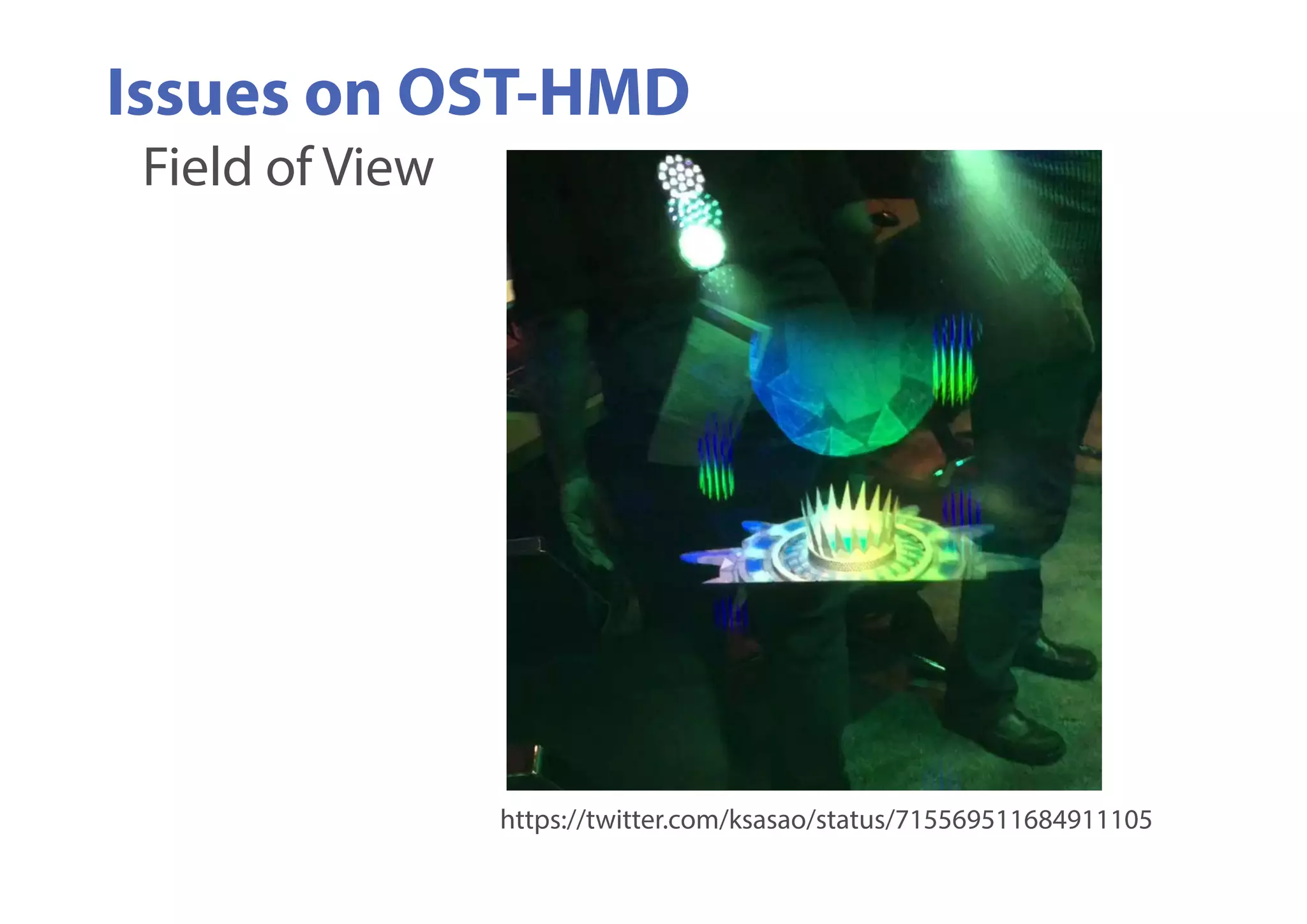 Field of View
Issues on OST-HMD
https://twitter.com/ksasao/status/715569511684911105
 