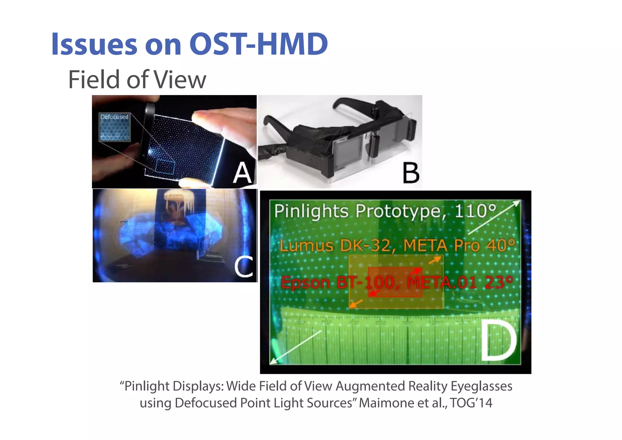 Field of View
Issues on OST-HMD
“Pinlight Displays: Wide Field of View Augmented Reality Eyeglasses
using Defocused Point Light Sources”Maimone et al., TOG’14
 
