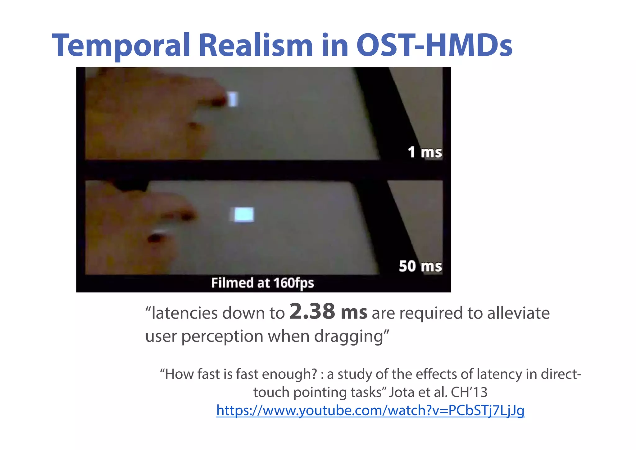 Temporal Realism in OST-HMDs
“How fast is fast enough? : a study of the effects of latency in direct-
touch pointing tasks”Jota et al. CH’13
https://www.youtube.com/watch?v=PCbSTj7LjJg
“latencies down to 2.38 ms are required to alleviate
user perception when dragging”
 
