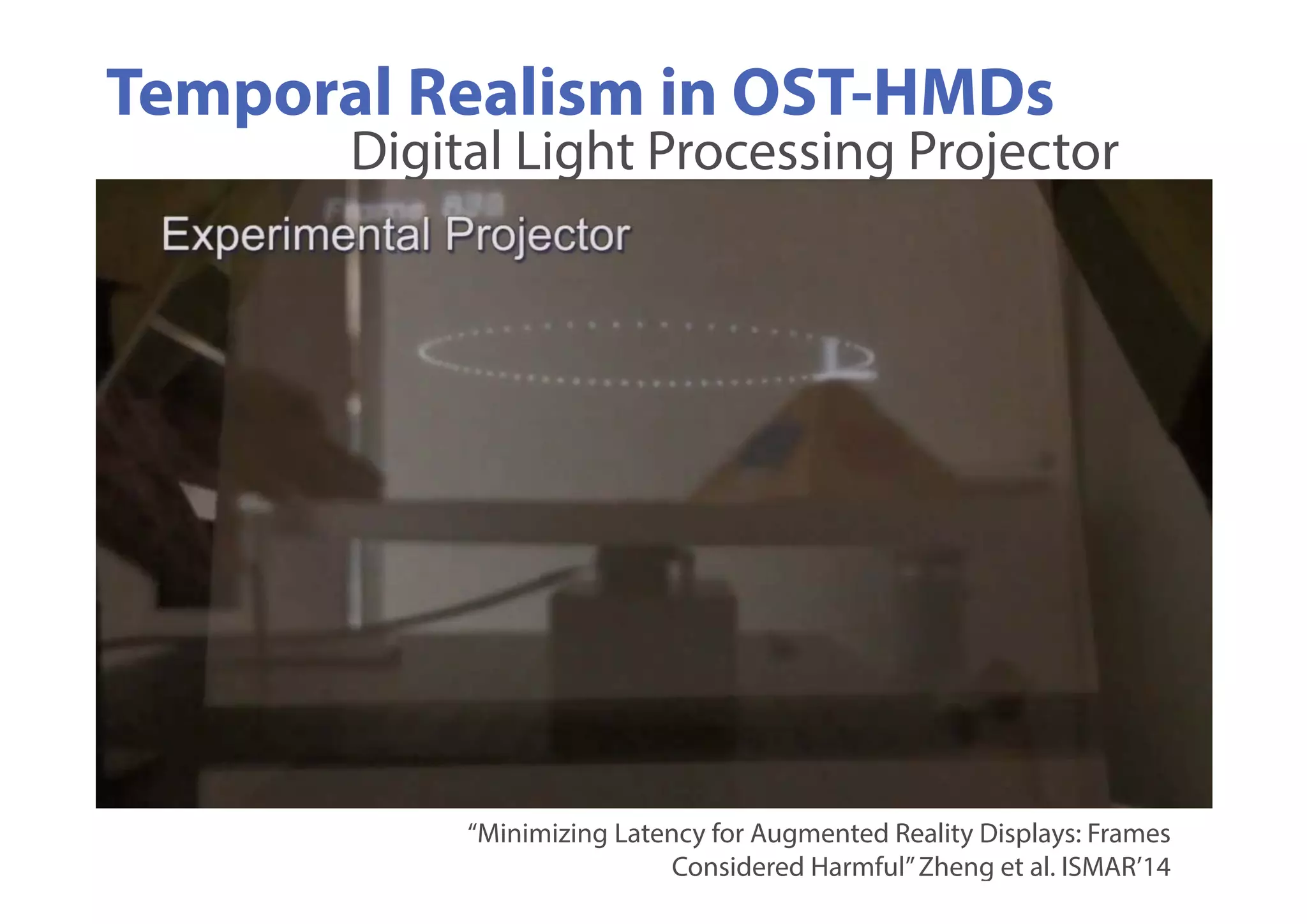Temporal Realism in OST-HMDs
Digital Light Processing Projector
“Minimizing Latency for Augmented Reality Displays: Frames
Considered Harmful”Zheng et al. ISMAR’14
 