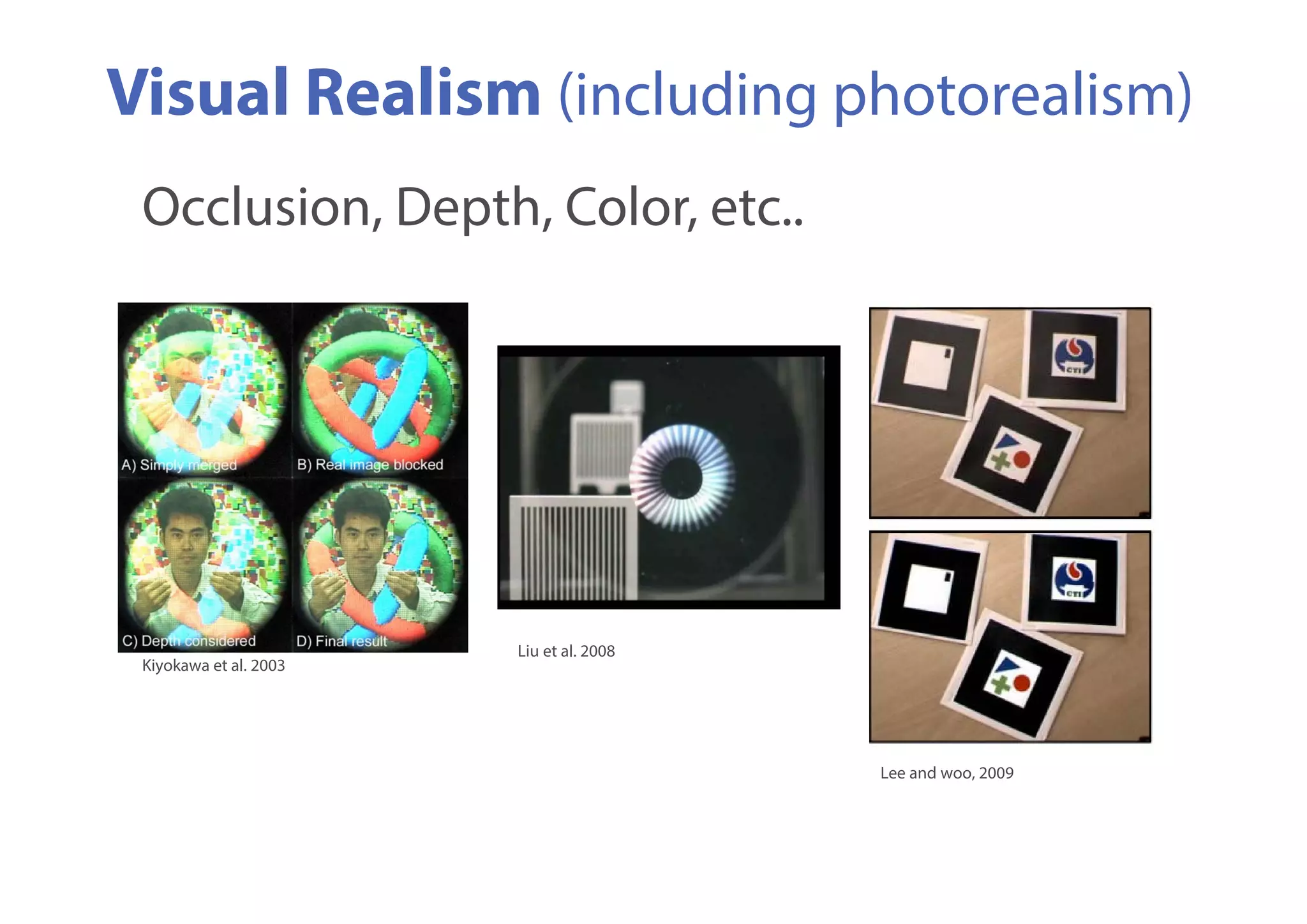 Visual Realism (including photorealism)
Occlusion, Depth, Color, etc..
Lee and woo, 2009
Kiyokawa et al. 2003
Liu et al. 2008
 