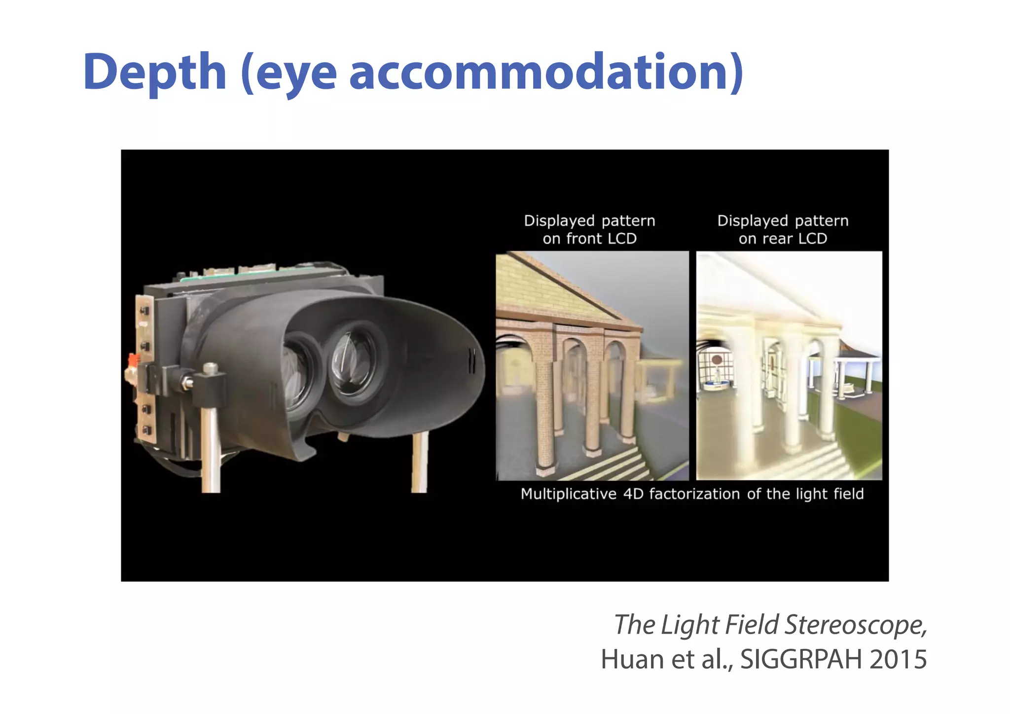 Depth (eye accommodation)
The Light Field Stereoscope,
Huan et al., SIGGRPAH 2015
 