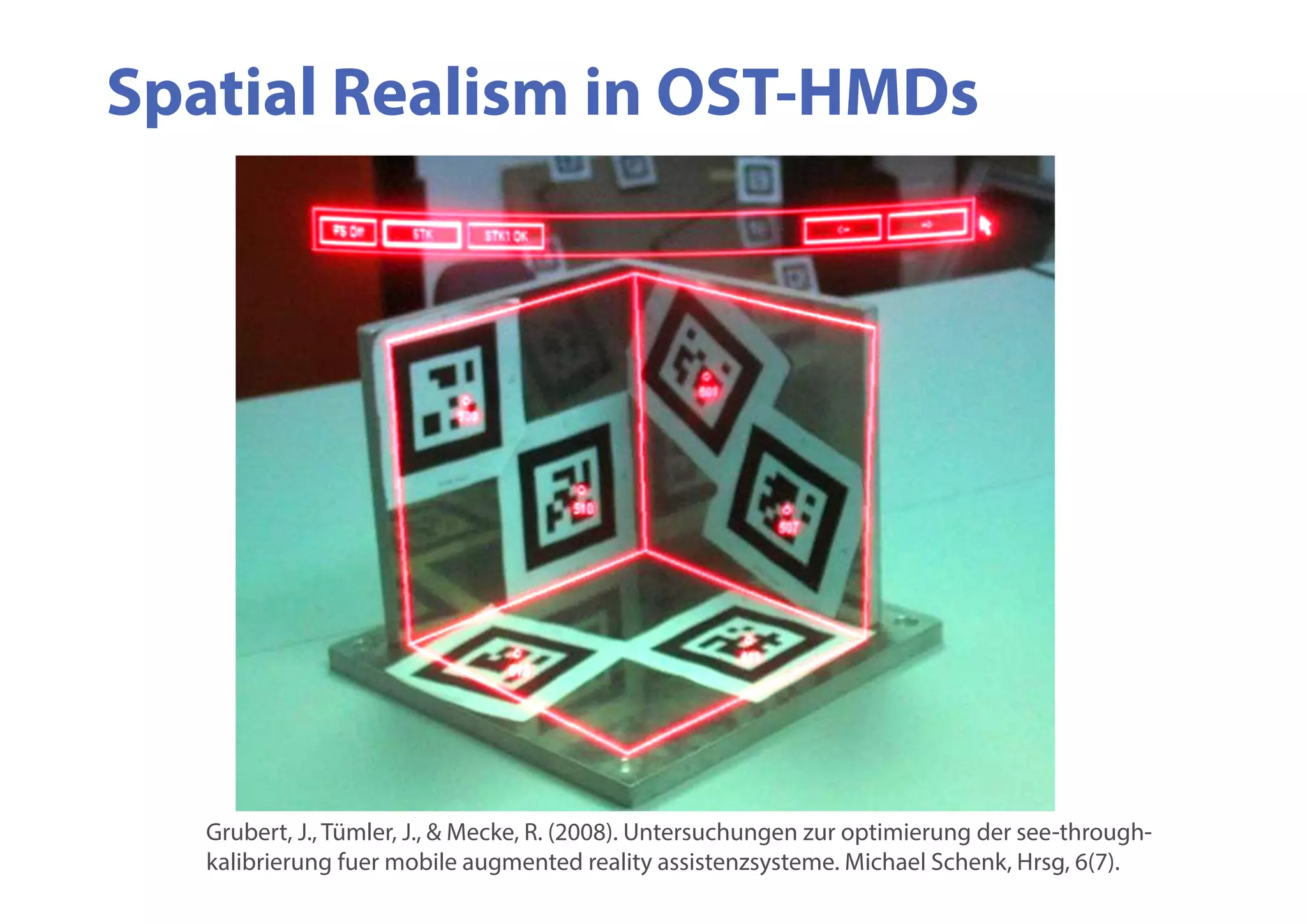Grubert, J., Tümler, J., & Mecke, R. (2008). Untersuchungen zur optimierung der see-through-
kalibrierung fuer mobile augmented reality assistenzsysteme. Michael Schenk, Hrsg, 6(7).
Spatial Realism in OST-HMDs
 
